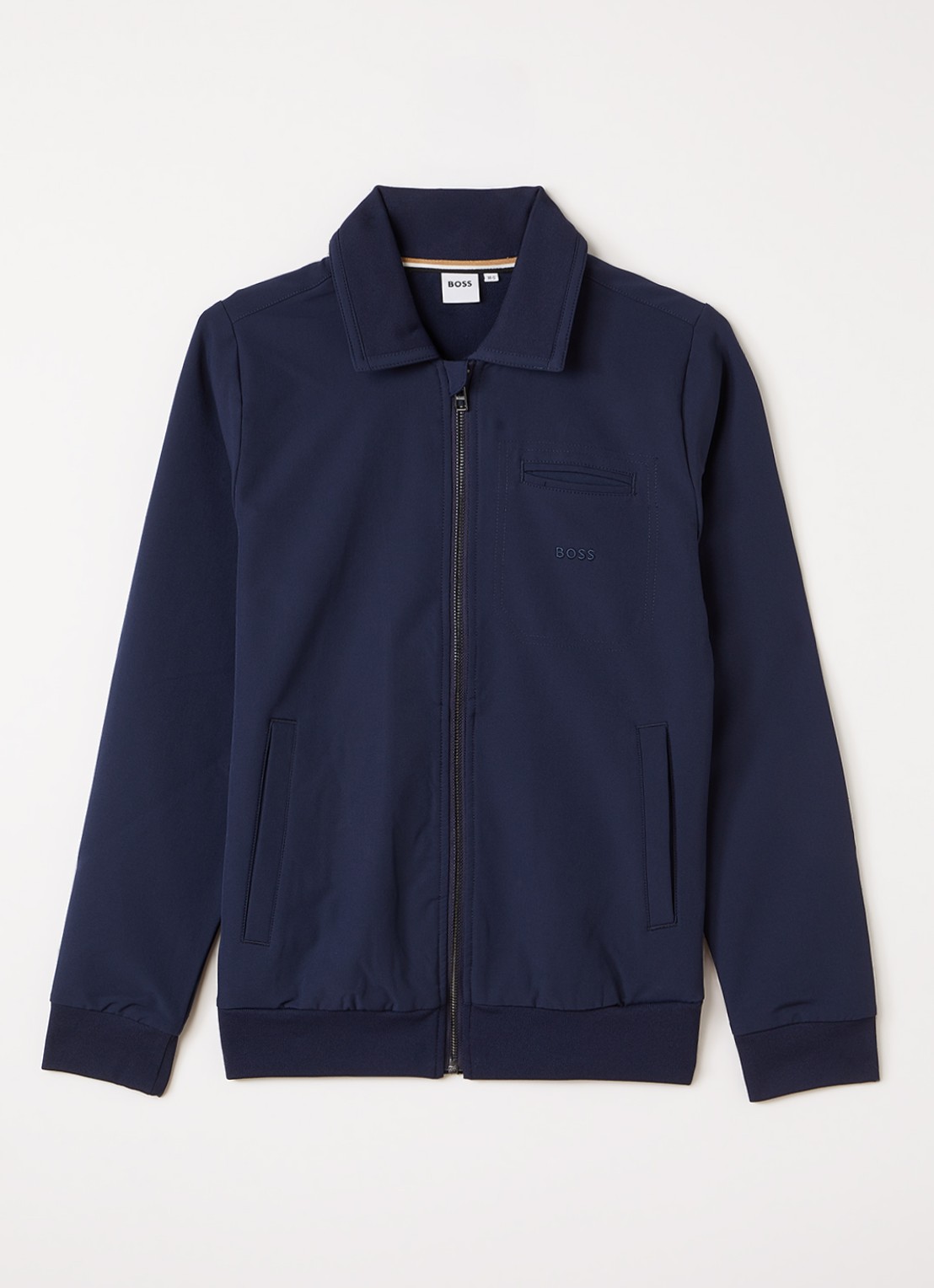 BOSS Softshell jack met logoborduring - voorkant donkerblauw