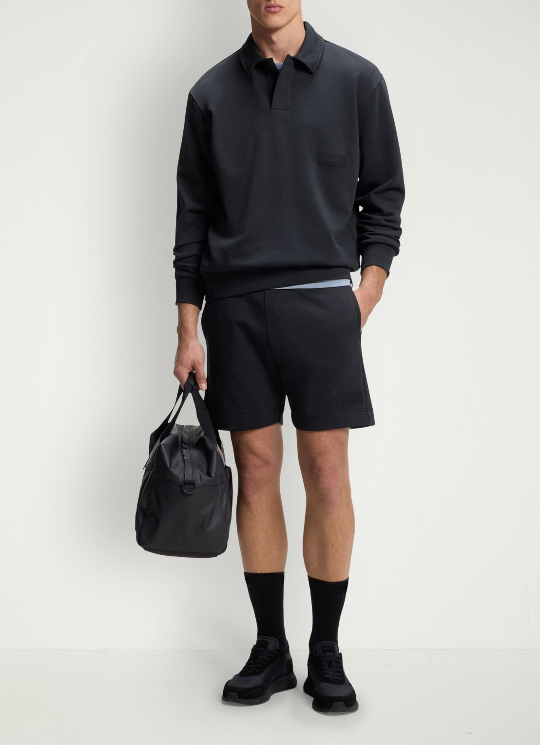 BOSS Straight fit korte joggingbroek in katoenblend - voorkant 2 blauw