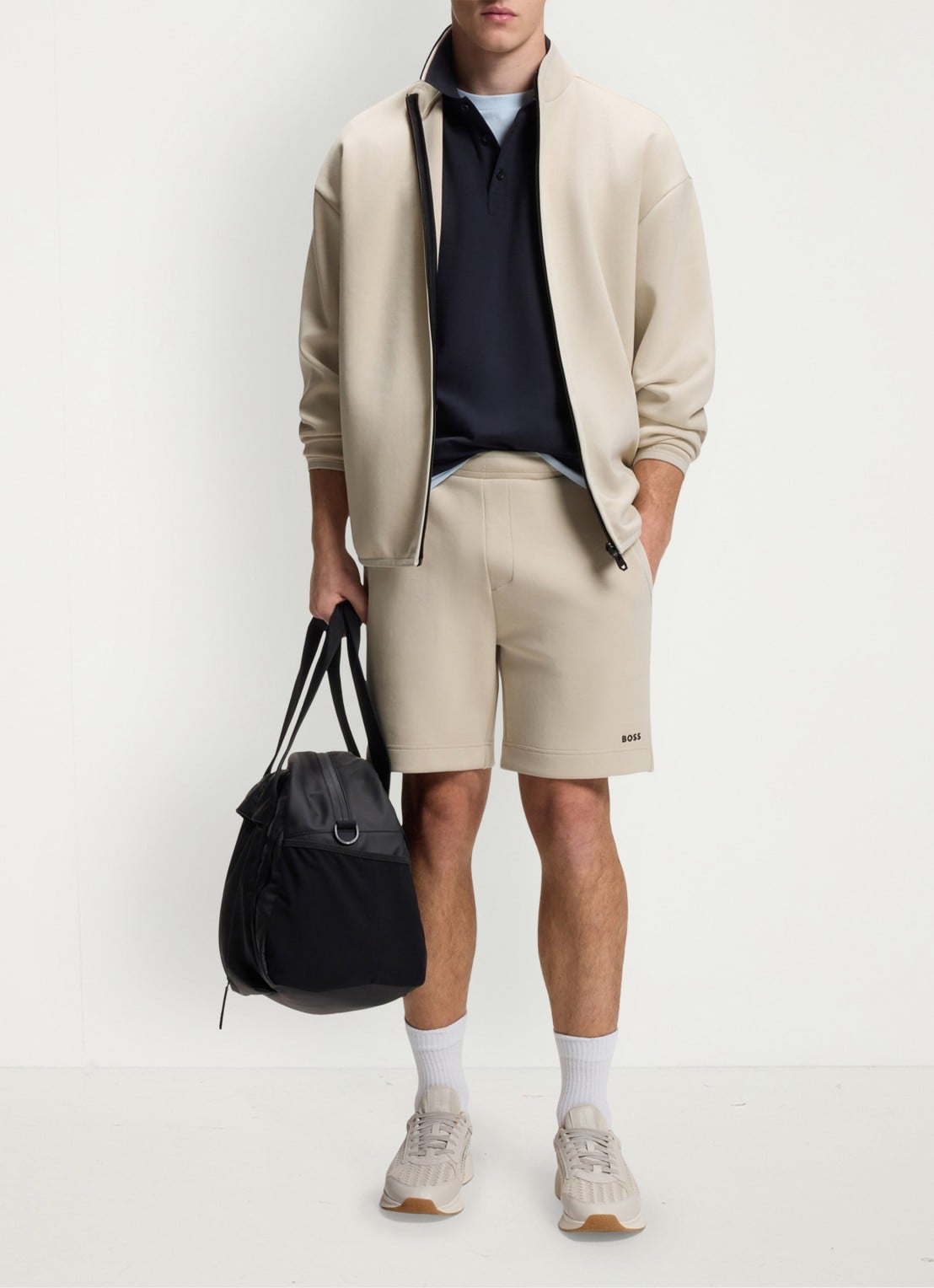 BOSS SW_Globe FZ Sweatvest met logo - voorkant 3 light beige-272 / beige
