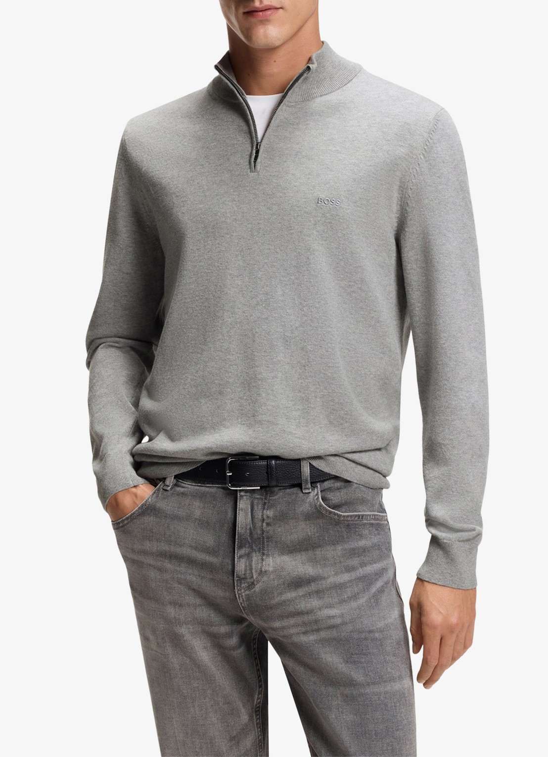 BOSS Sweater met halve rits en logo - detail grijsmele