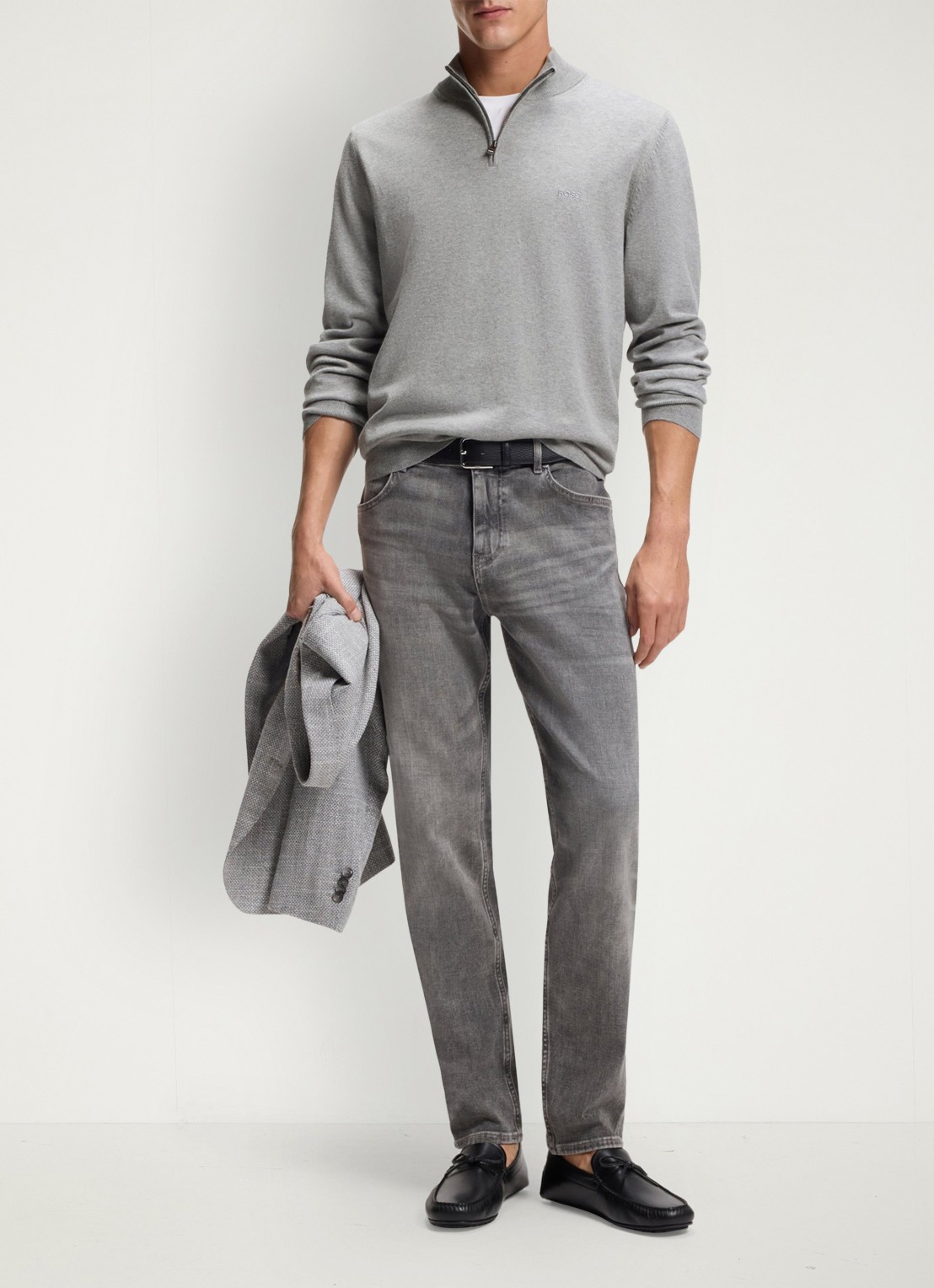 BOSS Sweater met halve rits en logo - voorkant 4 grijsmele