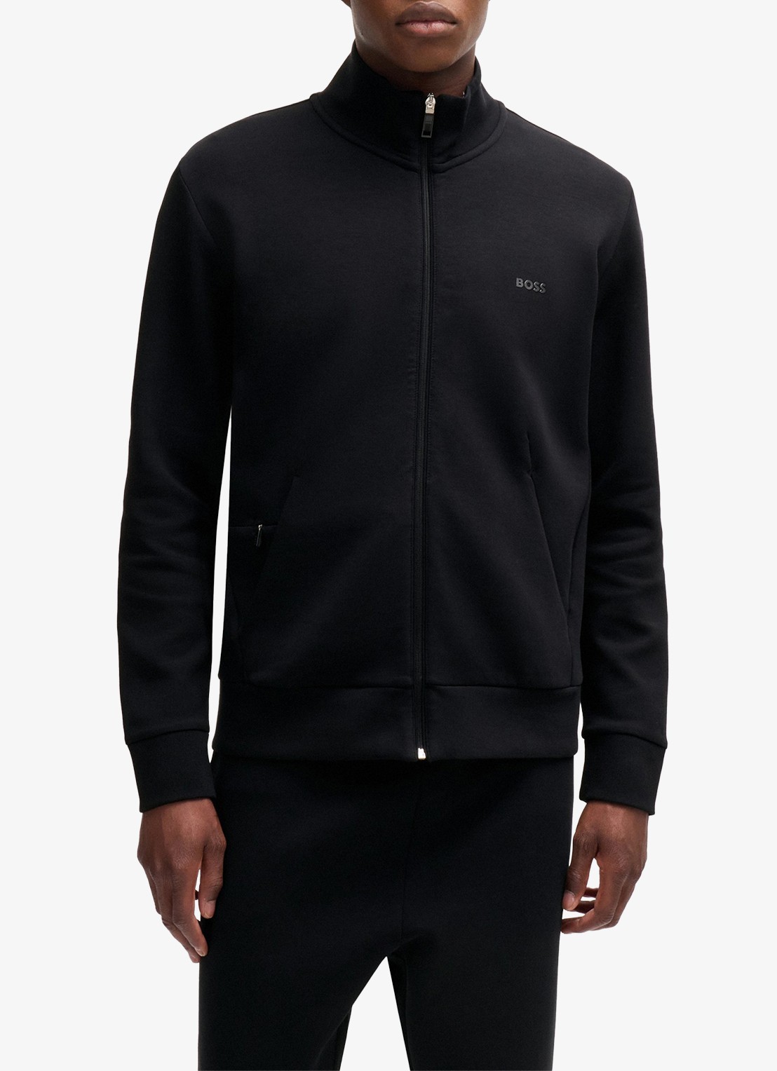 BOSS Sweatshirt van stretchkatoen met rits en logoprint - detail zwart