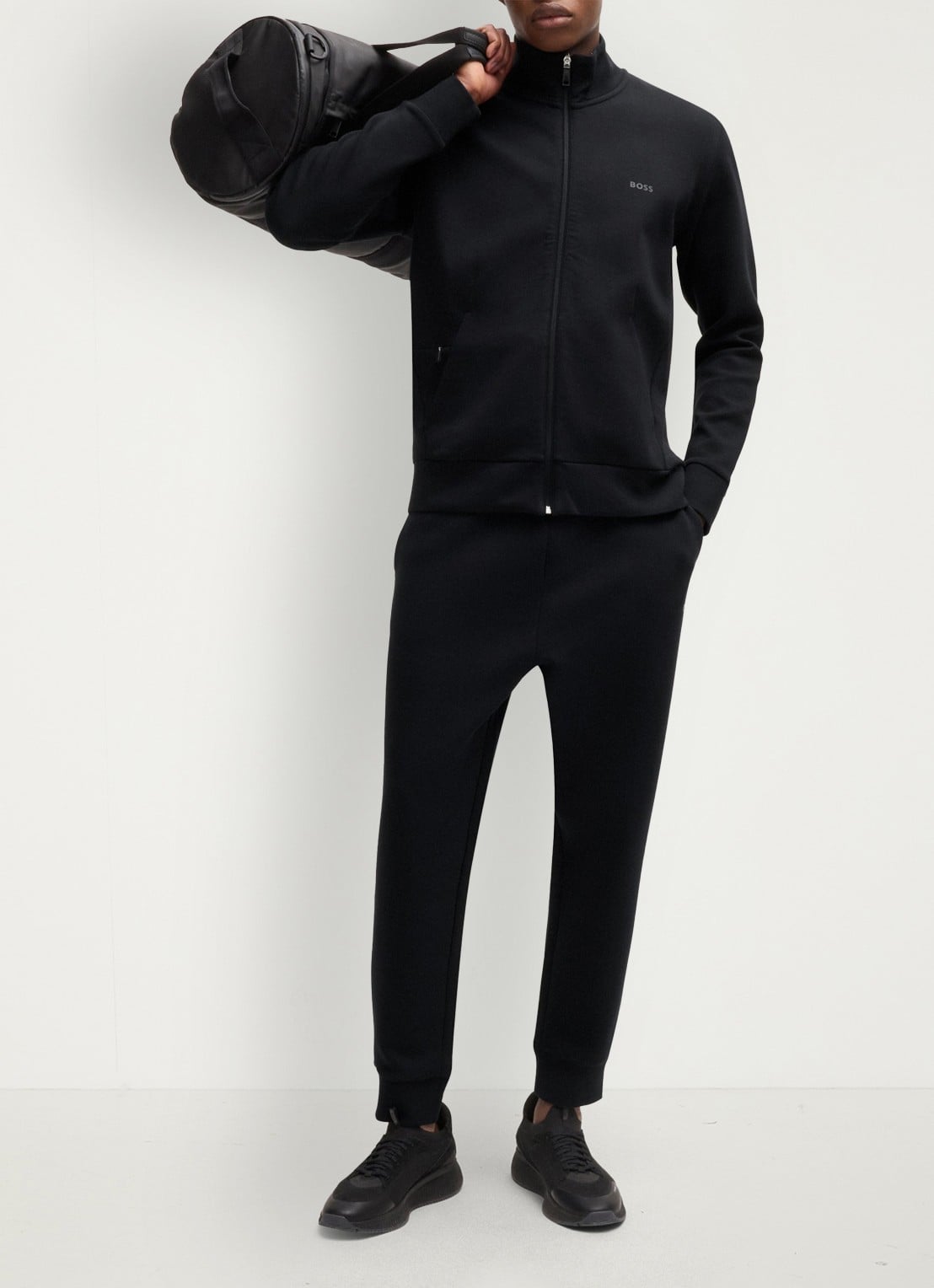 BOSS Sweatshirt van stretchkatoen met rits en logoprint - voorkant 5 zwart