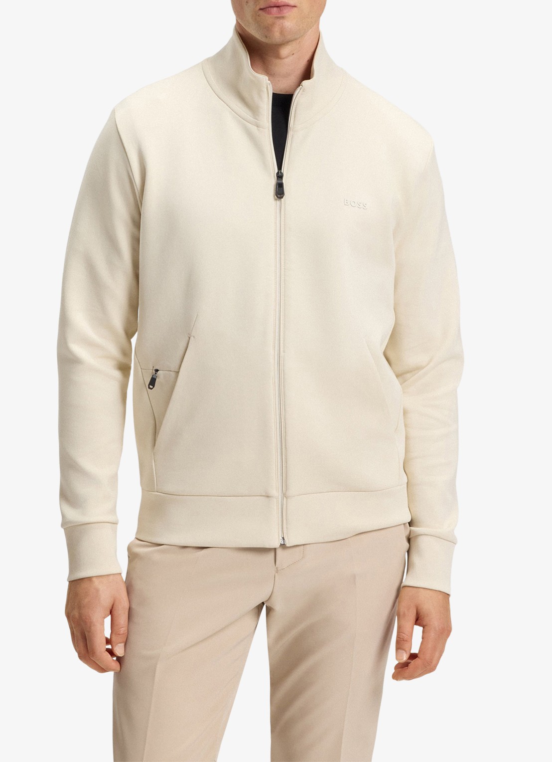BOSS Sweatshirt van stretchkatoen met rits en logoprint - detail creme