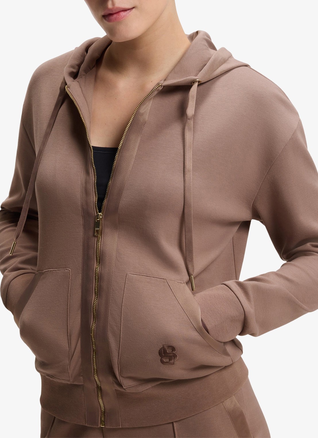 BOSS Sweatvest met logoborduring en capuchon - detail 5 lichtbruin