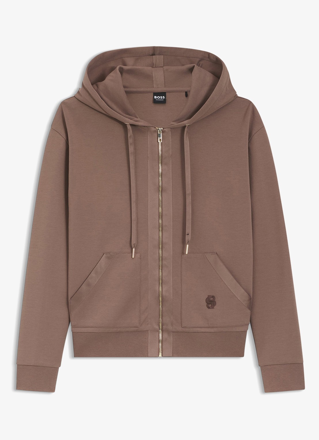 BOSS Sweatvest met logoborduring en capuchon - voorkant 2 lichtbruin