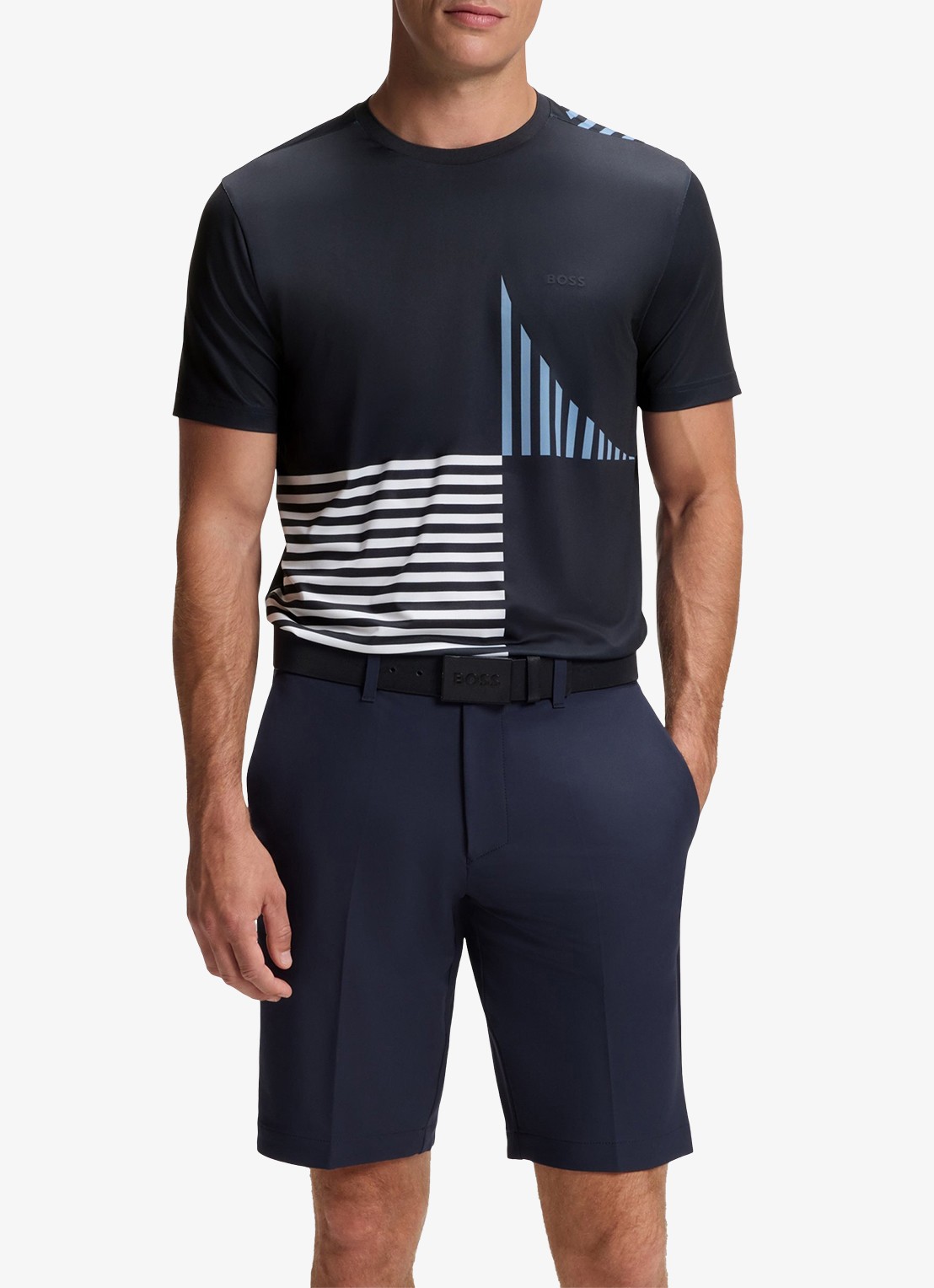 BOSS T-shirt met logo- en backprint - detail blauw