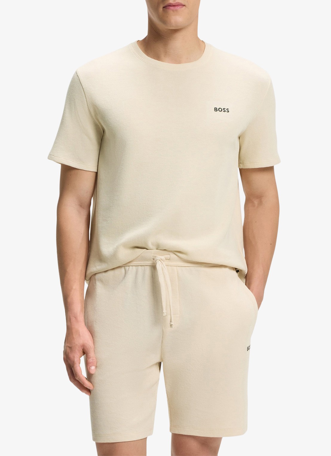 BOSS T-shirt met logo en structuur - detail beige