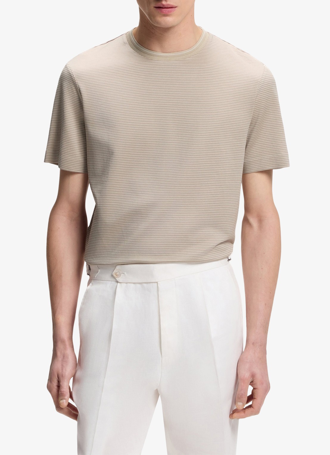 BOSS T-shirt met streepprint en ronde hals - detail beige