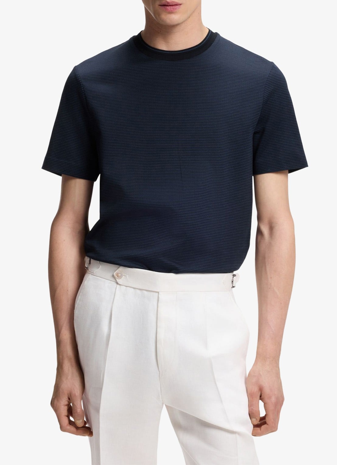 BOSS T-shirt met streepprint en ronde hals - detail 2 blauw