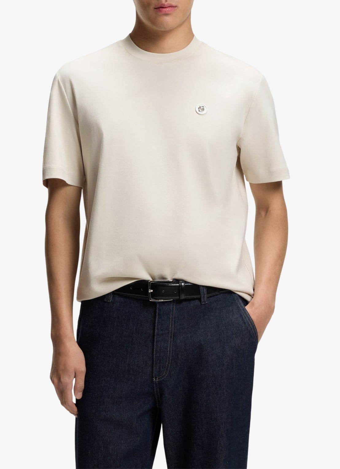 BOSS T-shirt van gemerceriseerde katoen met Double B-monogram - detail 3 open white-131 / wit