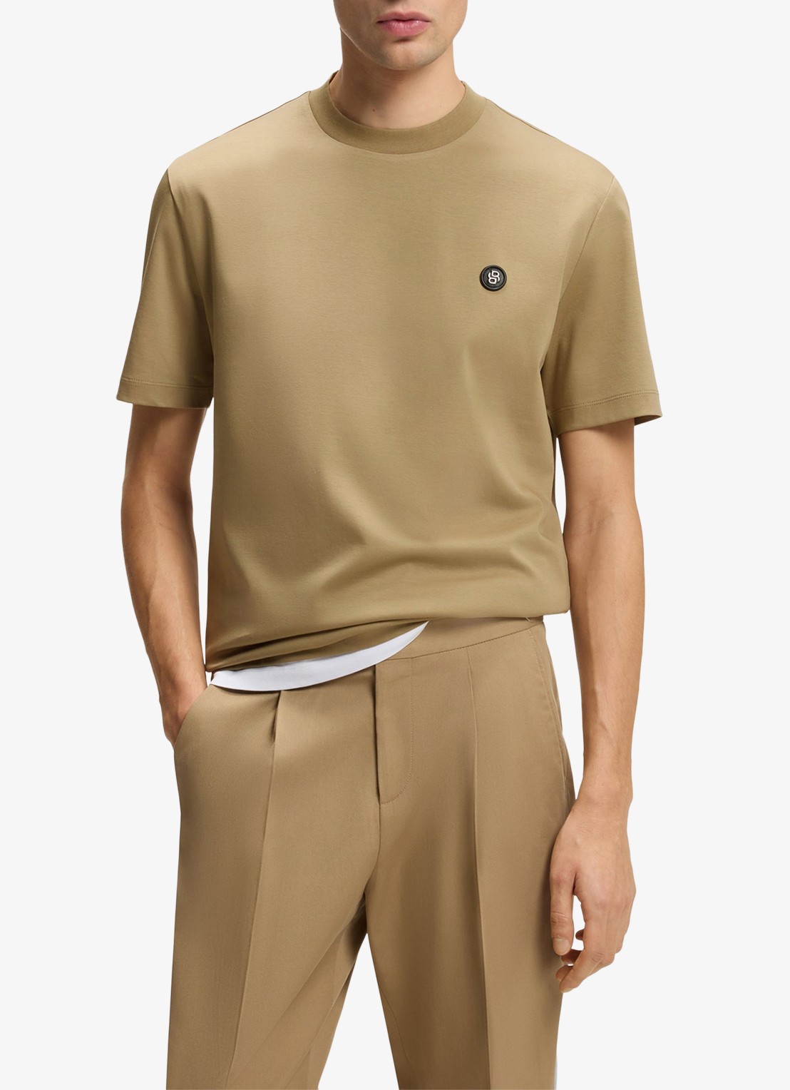 BOSS T-shirt van gemerceriseerde katoen met Double B-monogram - detail 4 dark beige-252 / beige