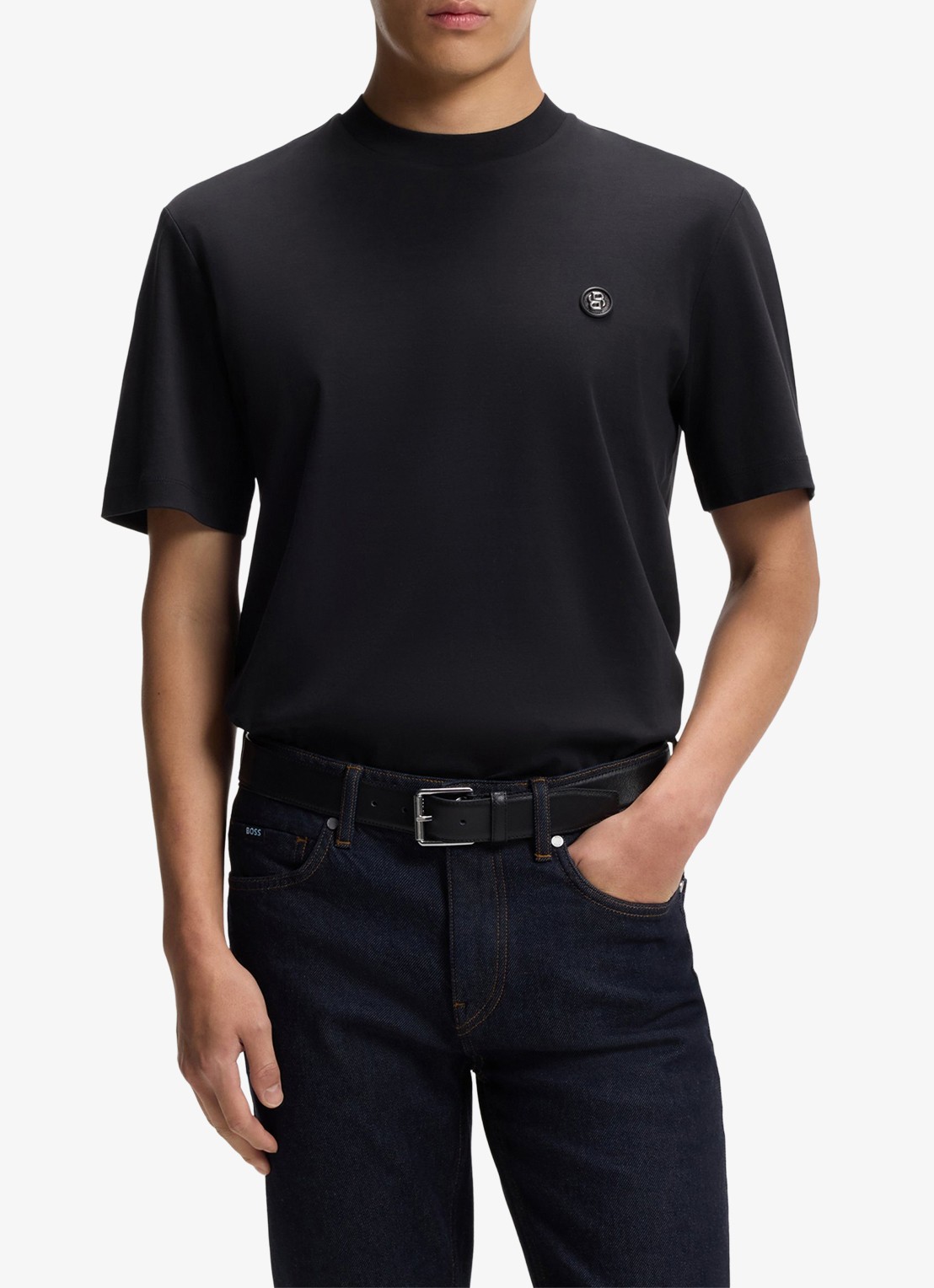 BOSS T-shirt van gemerceriseerde katoen met Double B-monogram - detail 4 dark blue-404 / blauw