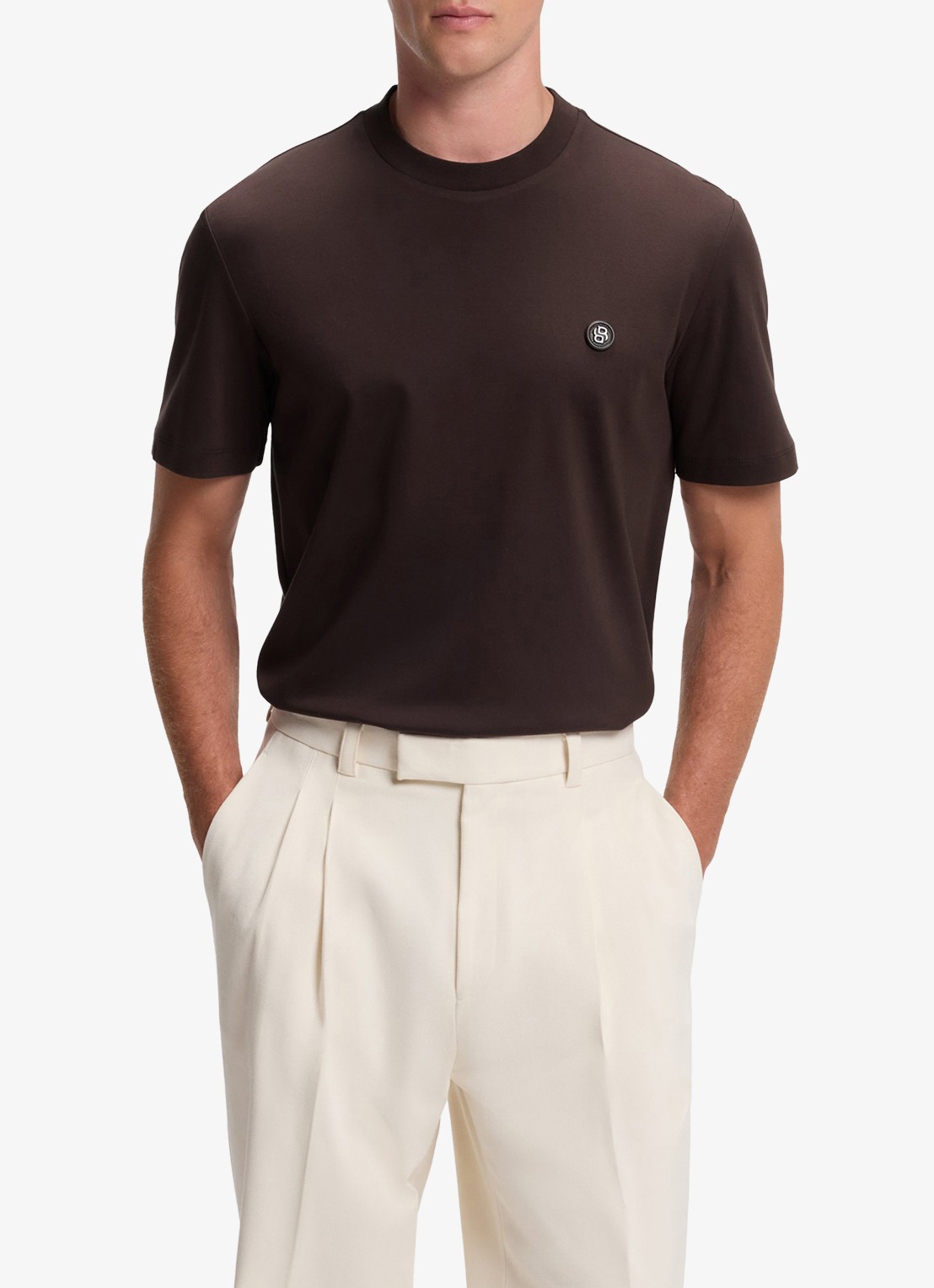 BOSS T-shirt van gemerceriseerde katoen met Double B-monogram - detail 4 dark brown-209 / bruin