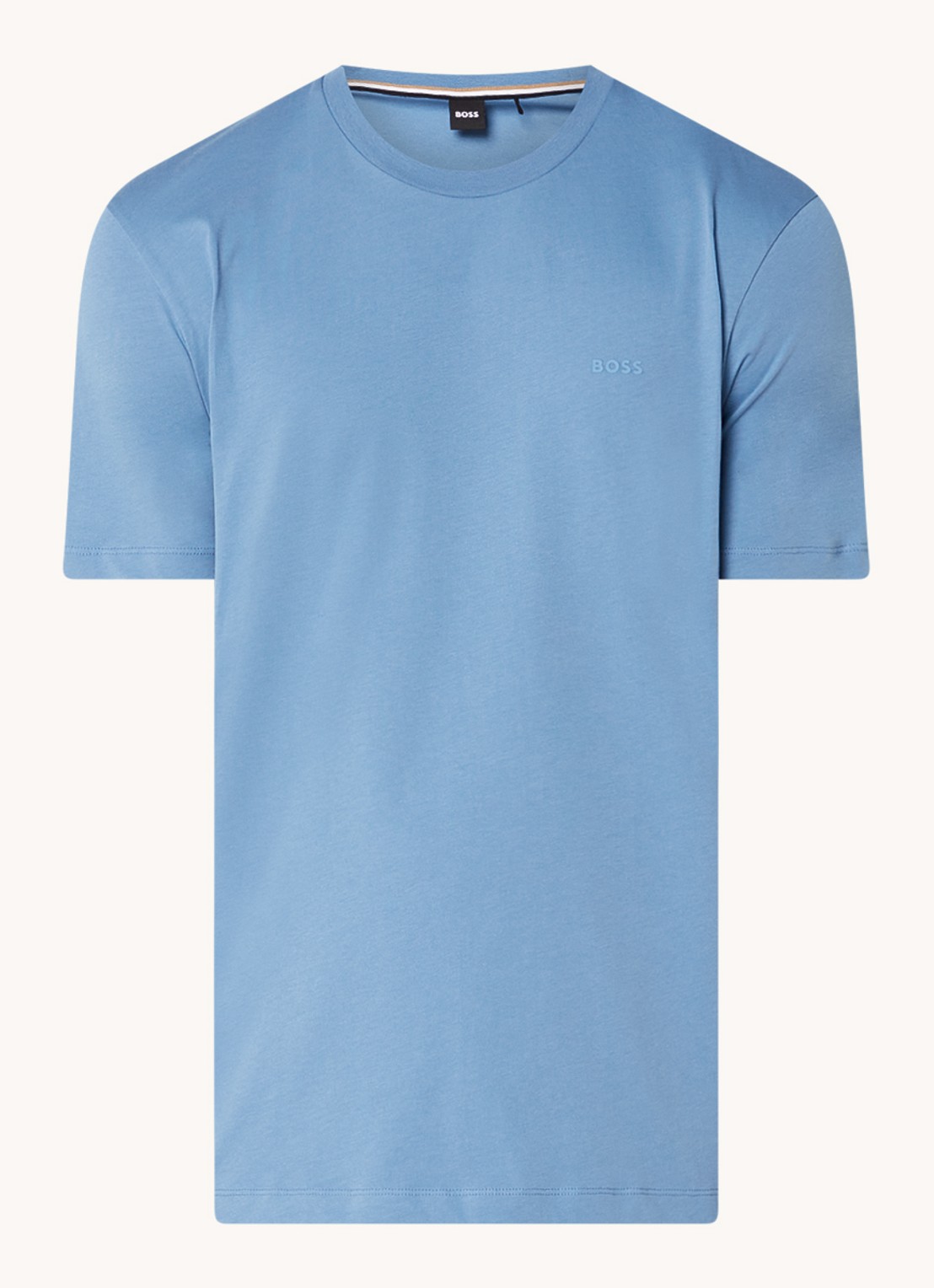 BOSS T-shirt van katoenen jersey met logodetail - voorkant staalblauw
