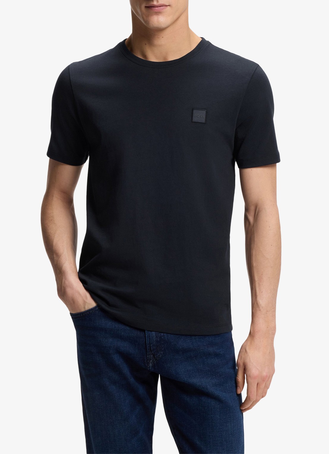 BOSS T-shirt van katoenen jersey met logopatch - detail 4 donkerblauw