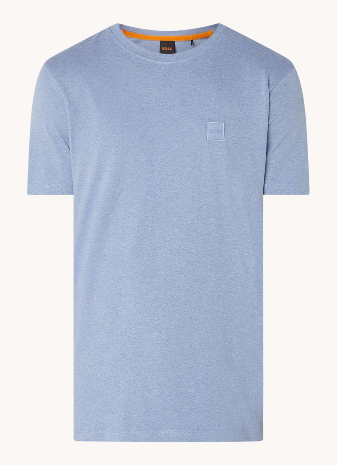 BOSS T-shirt van katoenen jersey met logopatch - voorkant 3 staalblauw