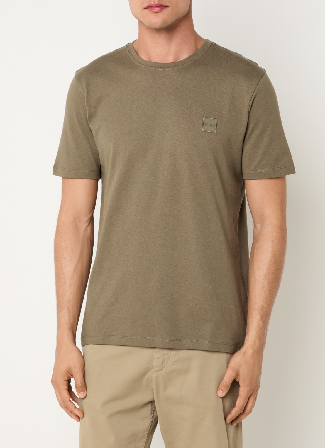 BOSS T-shirt van katoenen jersey met logopatch - detail legergroen