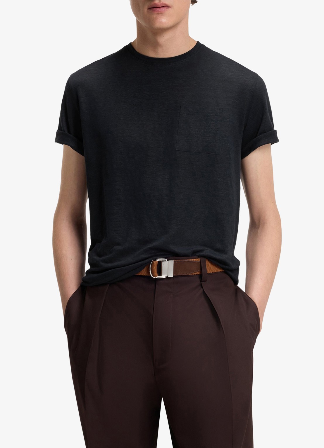 BOSS T-shirt van linnen met borstzak - detail 4 dark blue-409 / blauw
