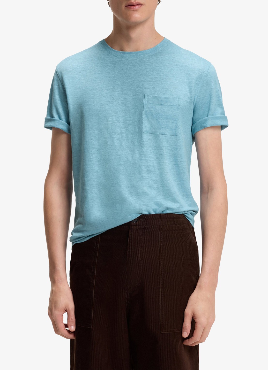 BOSS T-shirt van linnen met borstzak - detail 2 open blue-486 / blauw