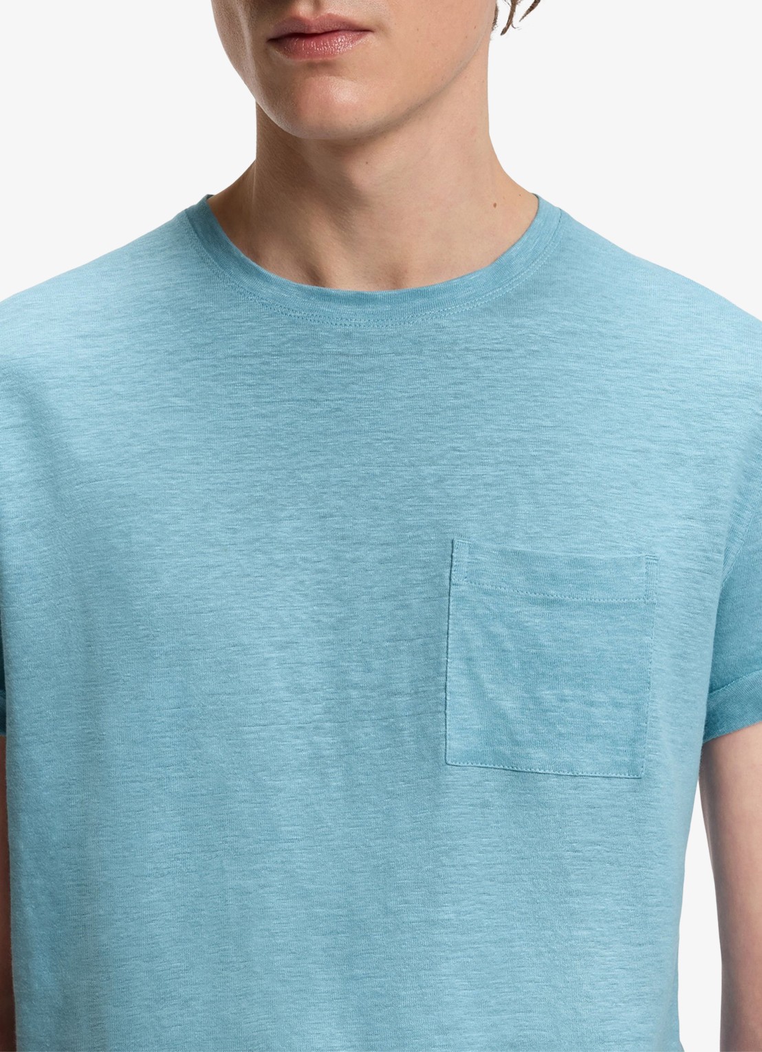 BOSS T-shirt van linnen met borstzak - detail 3 open blue-486 / blauw
