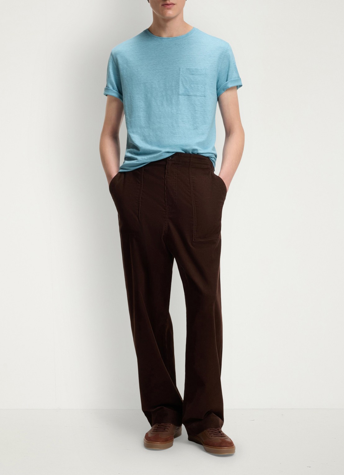 BOSS T-shirt van linnen met borstzak - voorkant 5 open blue-486 / blauw