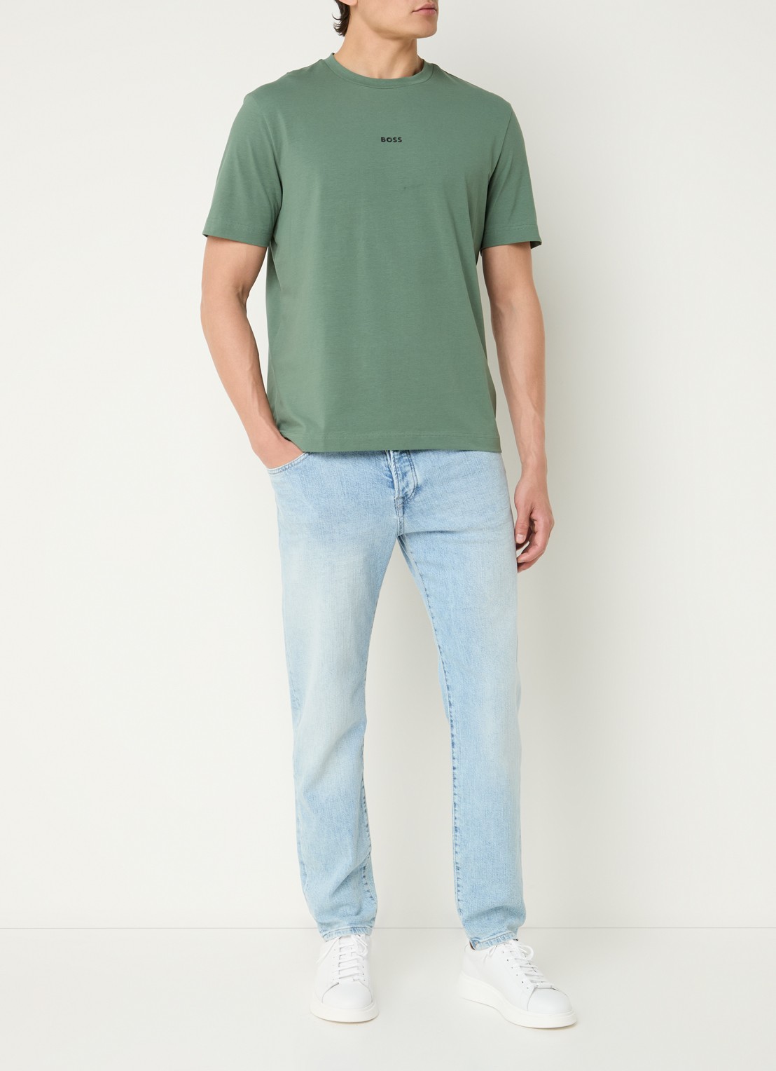 BOSS T-shirt van stretchkatoen met contrastlogo - voorkant 2 open green-341 / groen