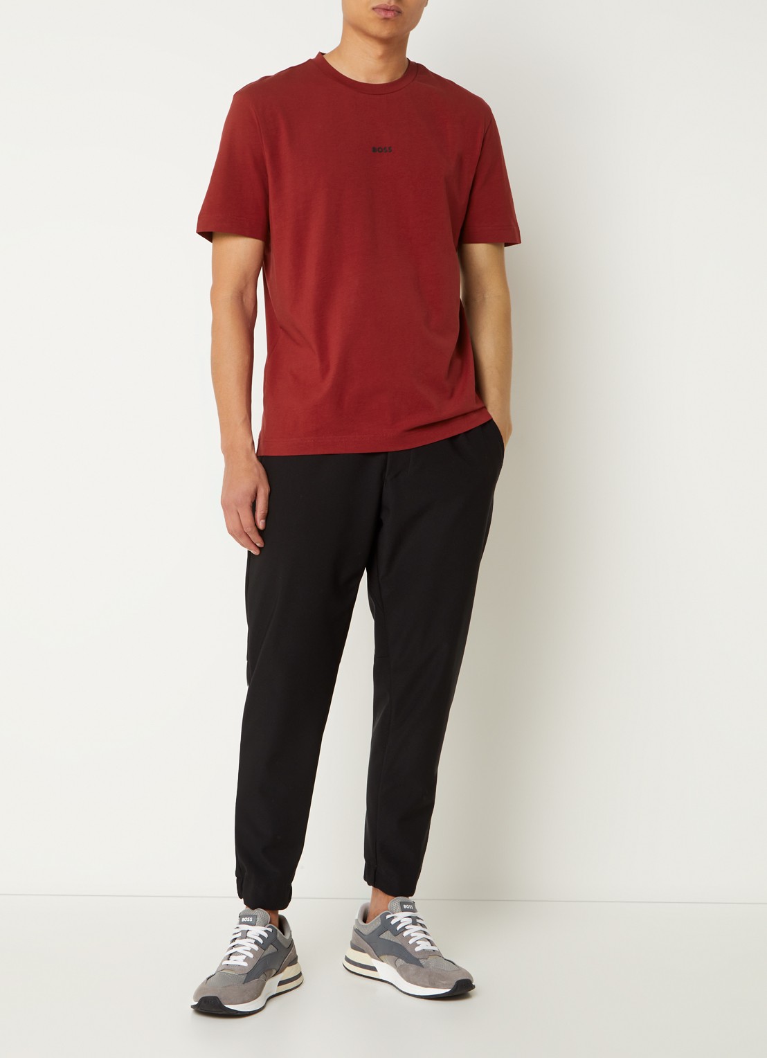 BOSS T-shirt van stretchkatoen met contrastlogo - voorkant 3 open red-647 / rood