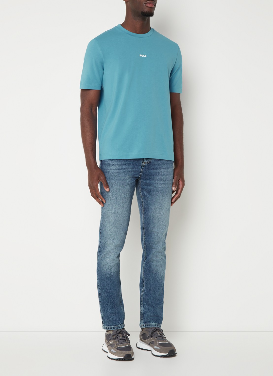 BOSS T-shirt van stretchkatoen met contrastlogo - voorkant 3 open blue-486 / blauw