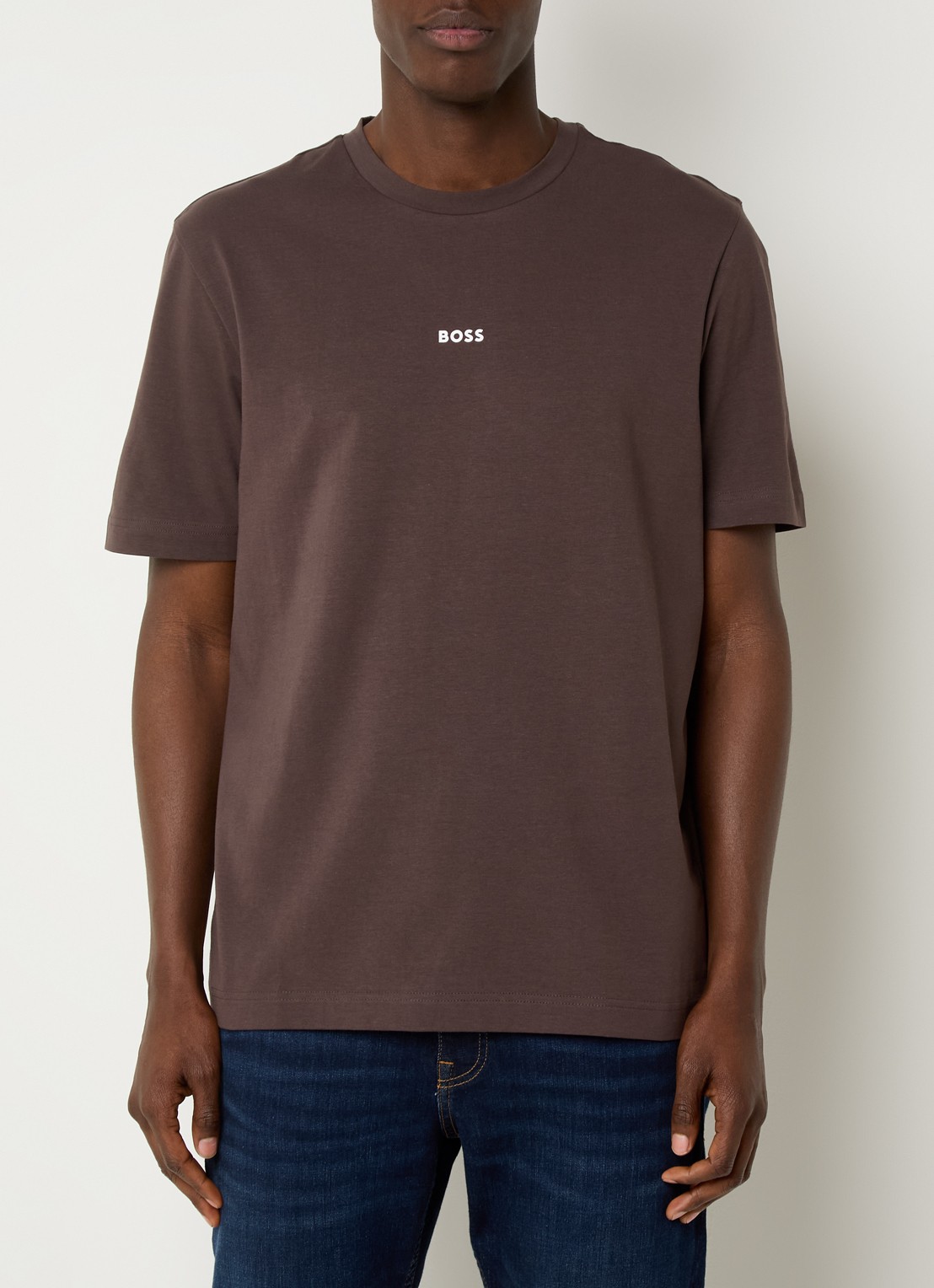 BOSS T-shirt van stretchkatoen met contrastlogo - detail open brown-248 / bruin