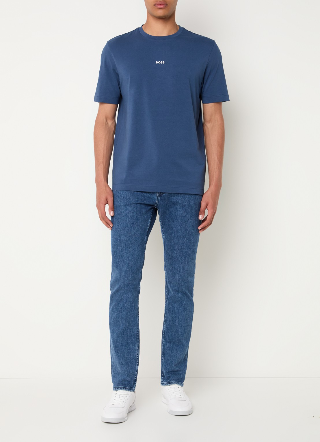 BOSS T-shirt van stretchkatoen met contrastlogo - voorkant 2 open blue-466 / blauw
