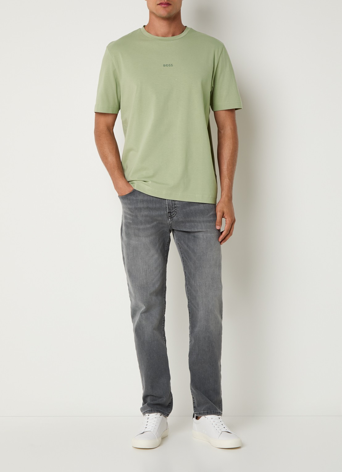BOSS T-shirt van stretchkatoen met contrastlogo - voorkant 3 open green-370 / groen