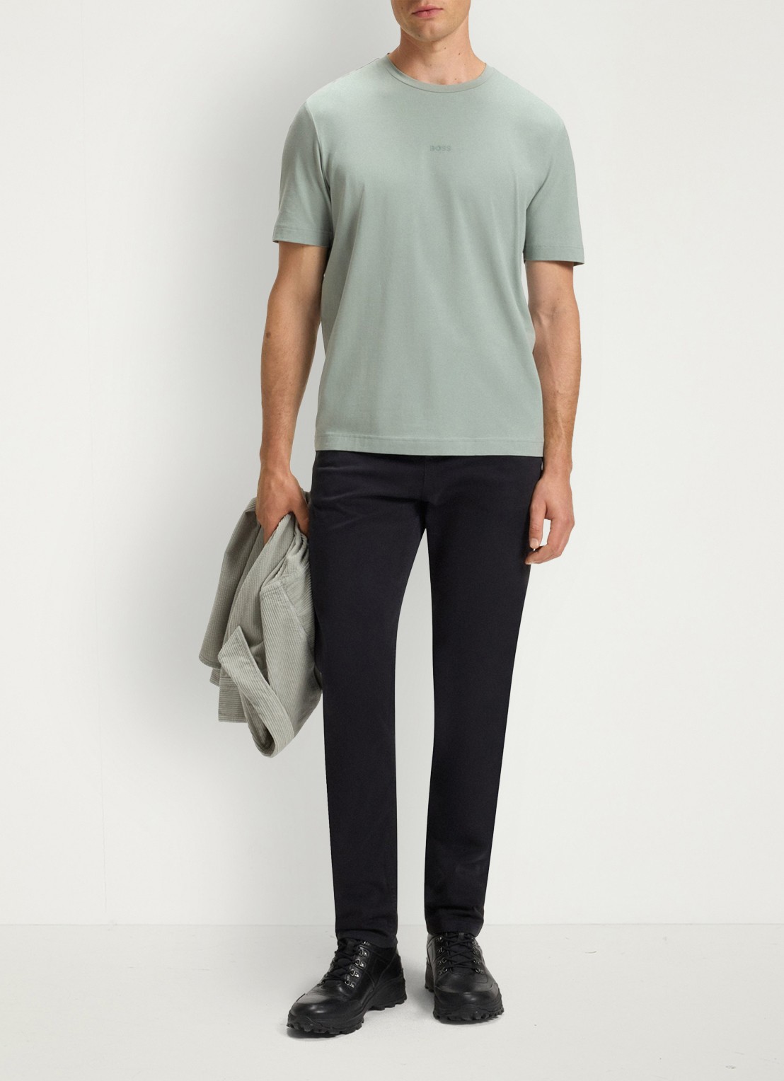 BOSS T-shirt van stretchkatoen met contrastlogo - voorkant 3 open green-351 / groen