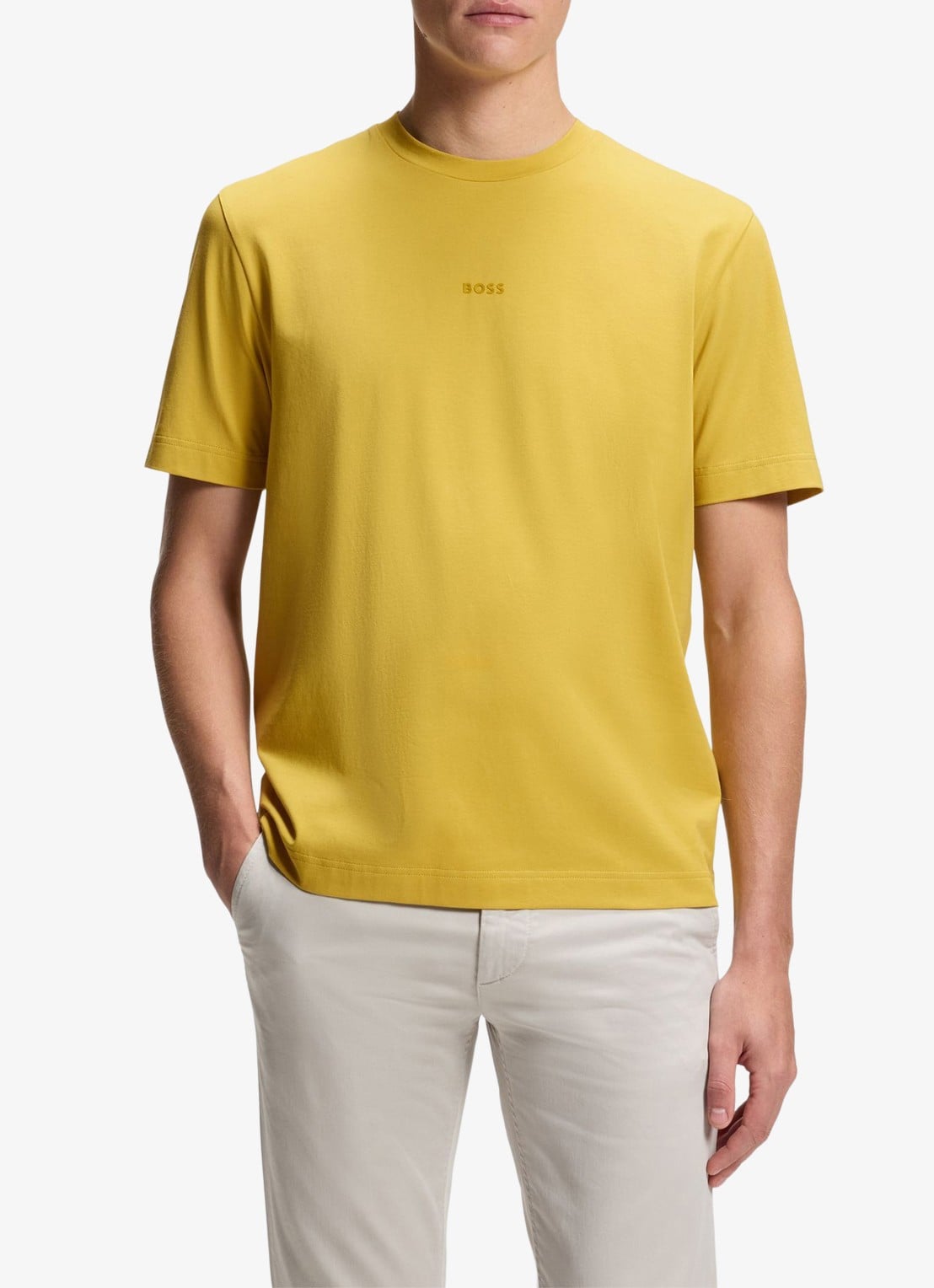 BOSS T-shirt van stretchkatoen met contrastlogo - detail 4 medium yellow-721 / geel