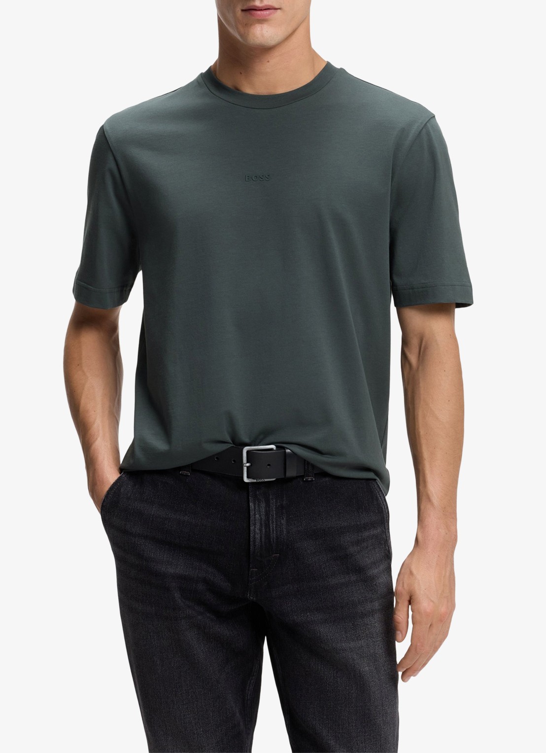 BOSS T-shirt van stretchkatoen met contrastlogo - detail 4 open green-377 / groen