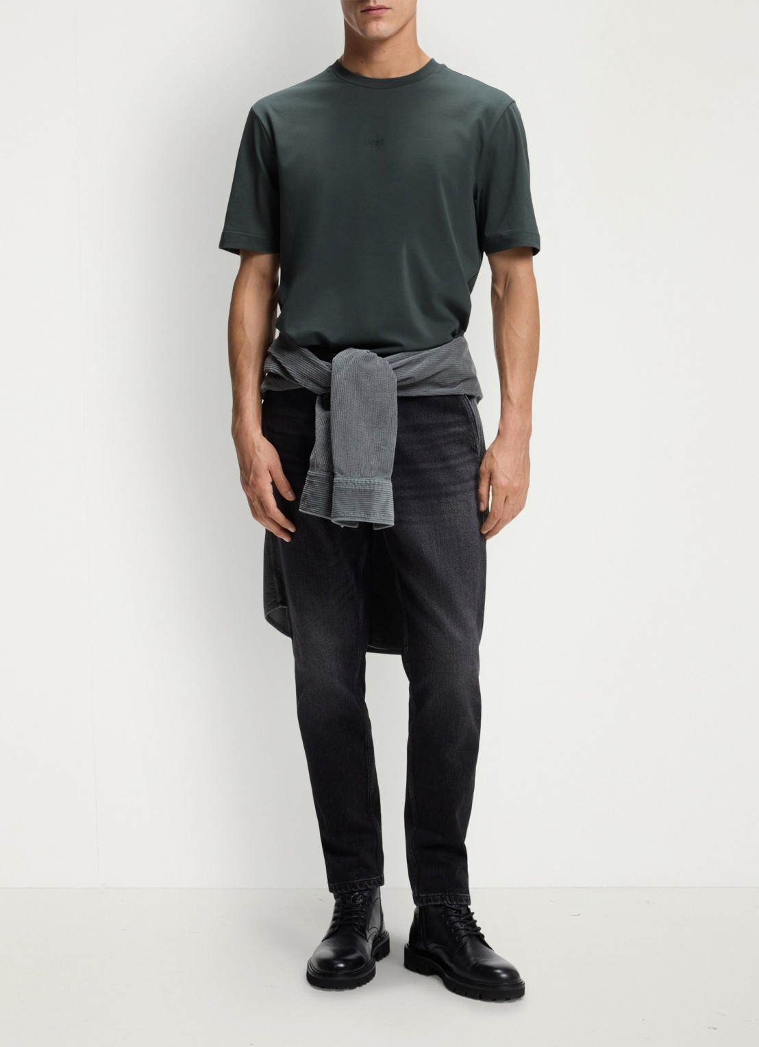 BOSS T-shirt van stretchkatoen met contrastlogo - voorkant 2 open green-377 / groen