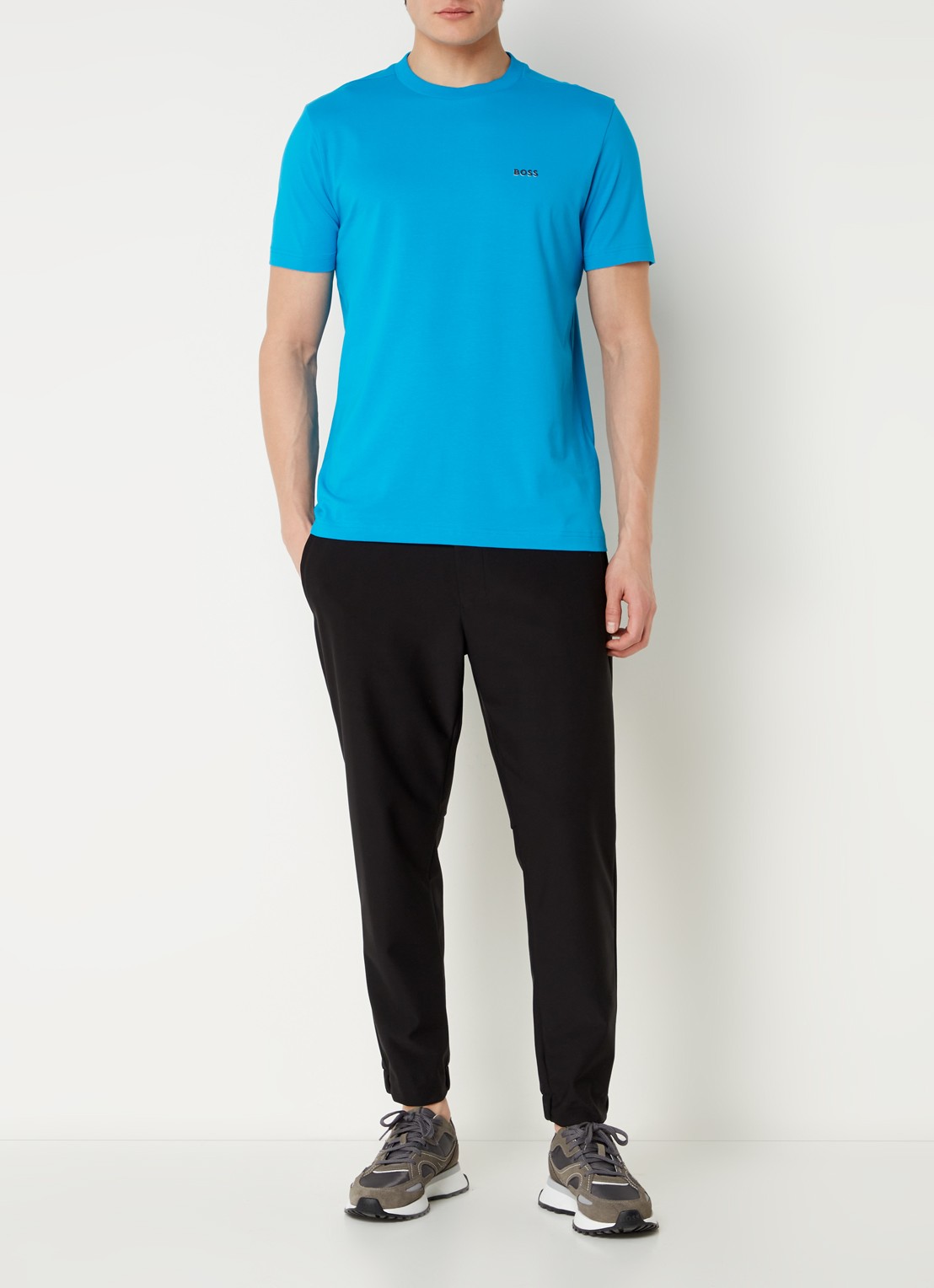 BOSS T-shirt van stretchkatoen met logodetail - voorkant 2 turquoise/aqua-442 / blauw