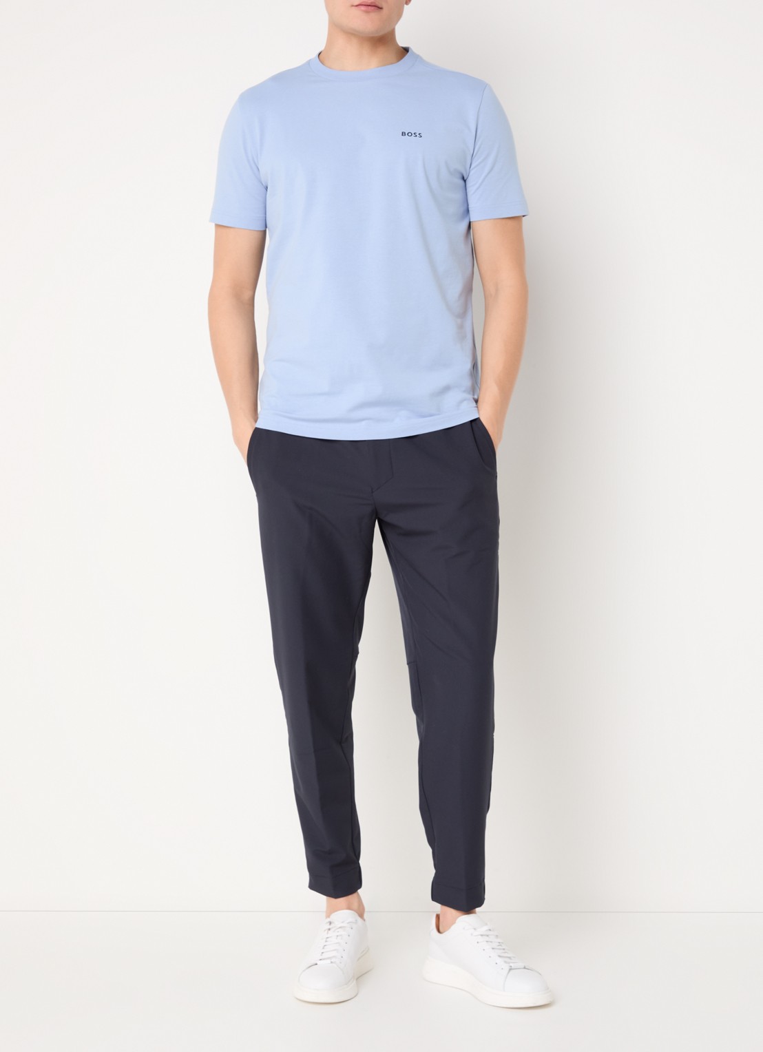 BOSS T-shirt van stretchkatoen met logodetail - voorkant 4 open blue-499 / blauw