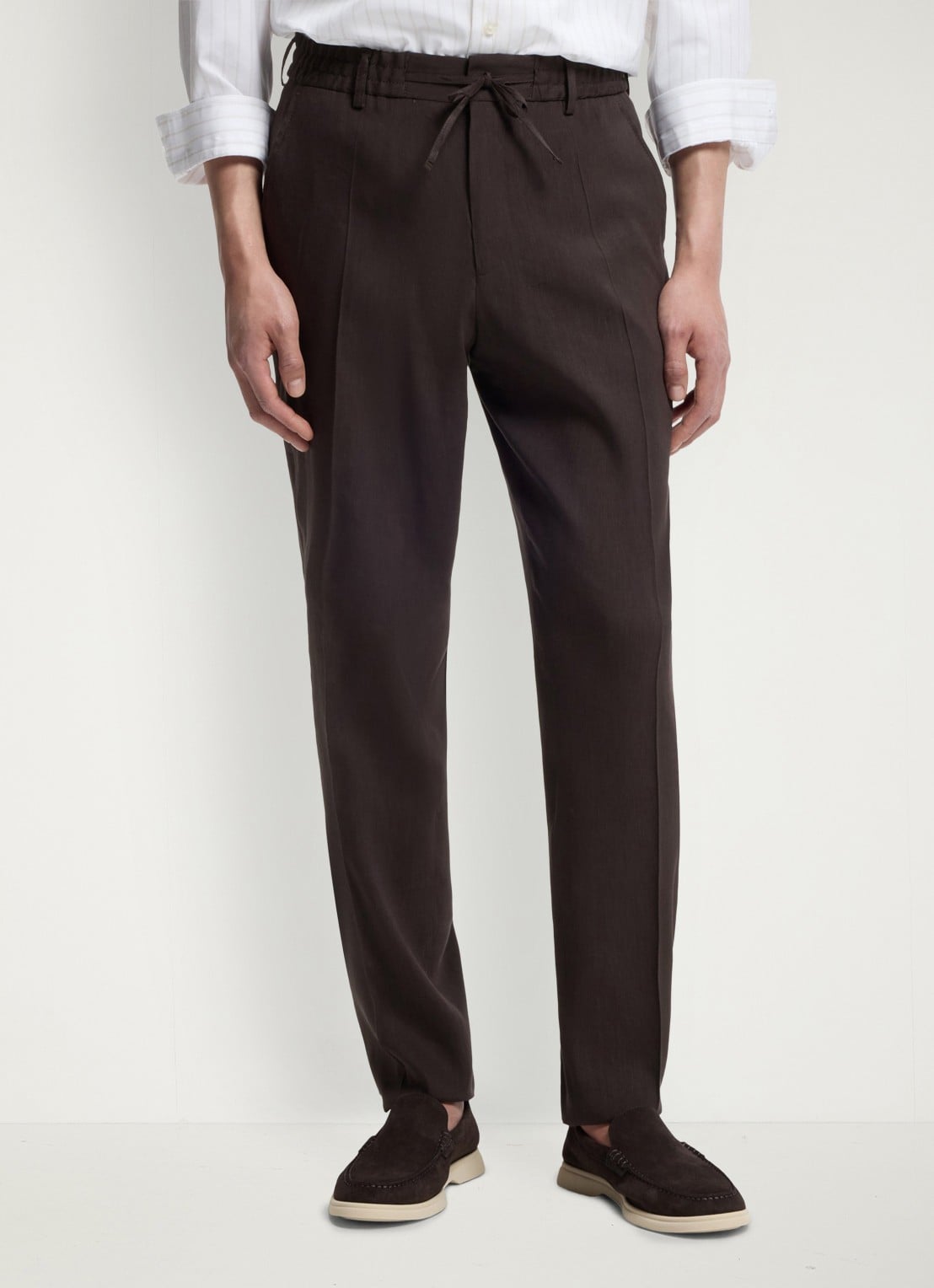 BOSS Tapered fit chino in linnenblend - detail donkerbruin
