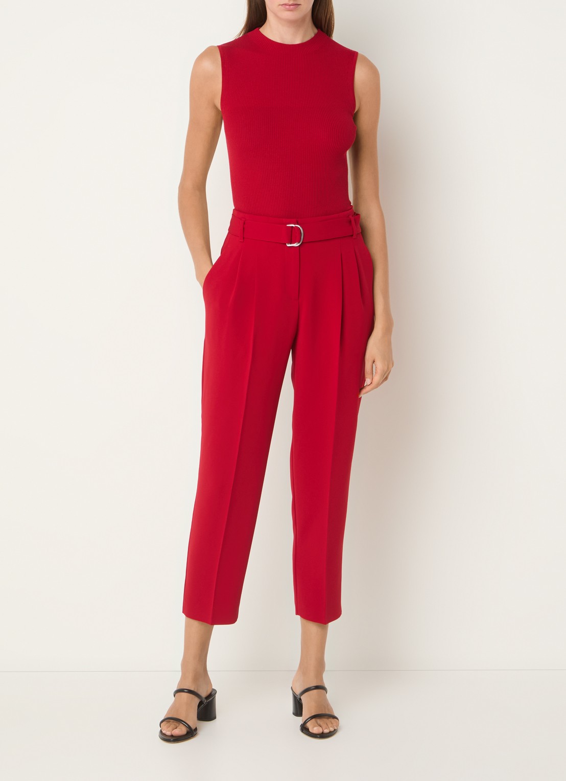 BOSS Tapiah high waist tapered fit cropped pantalon met ceintuur - voorkant 3 donkerrood