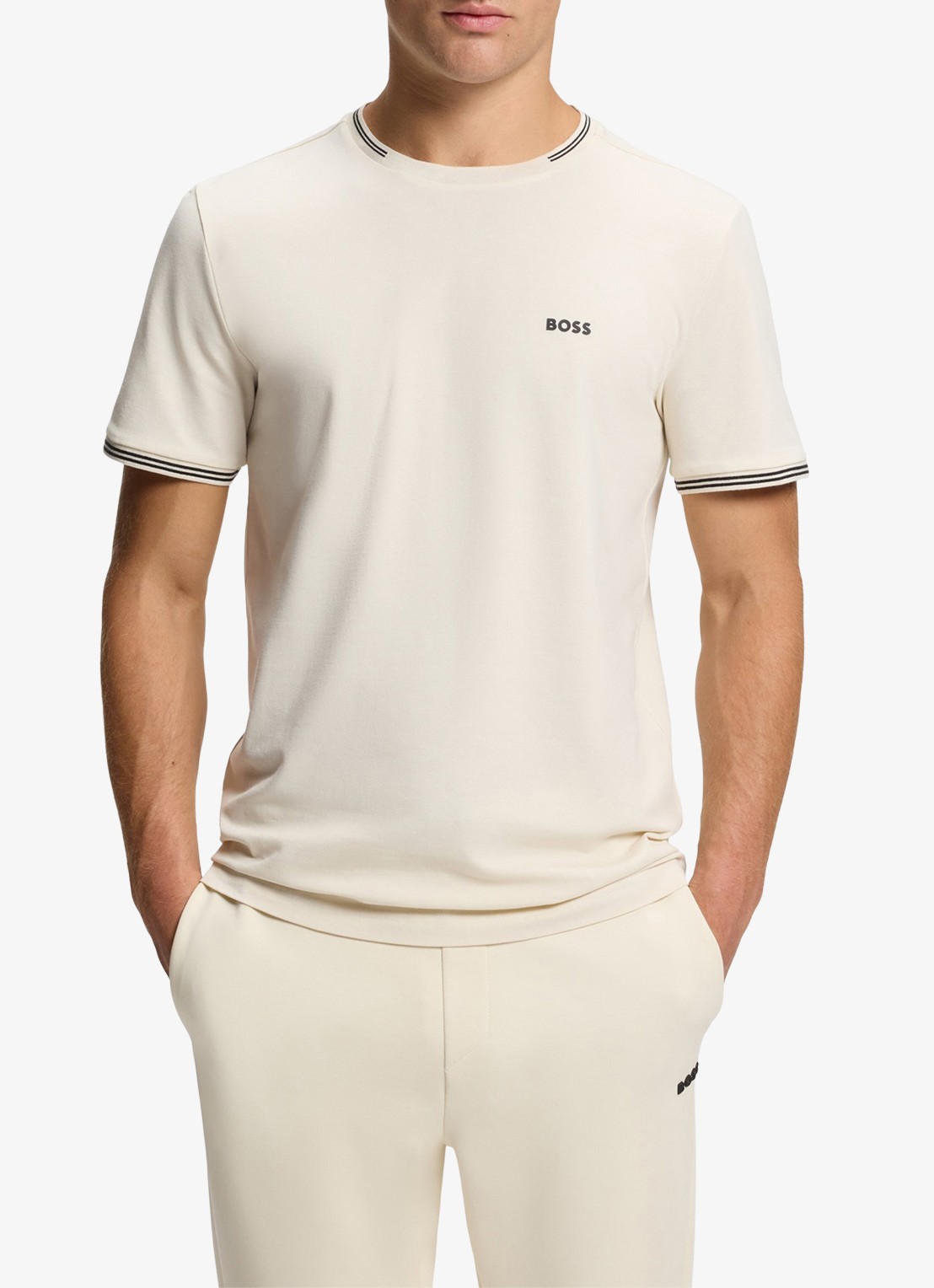 BOSS Taul T-shirt met logo en stretch - detail parelmoer