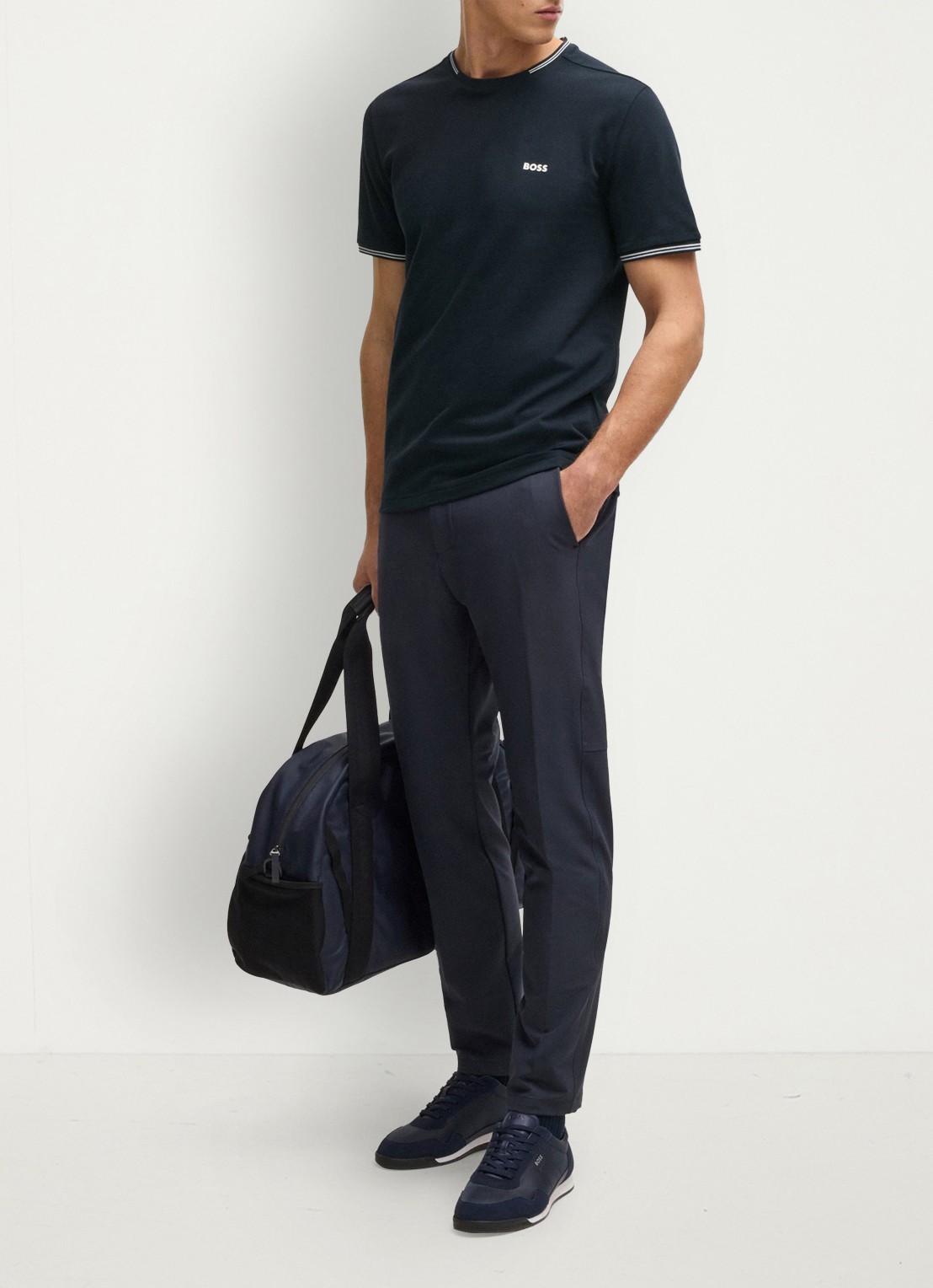 BOSS Taul T-shirt met logo en stretch - voorkant 3 blauw