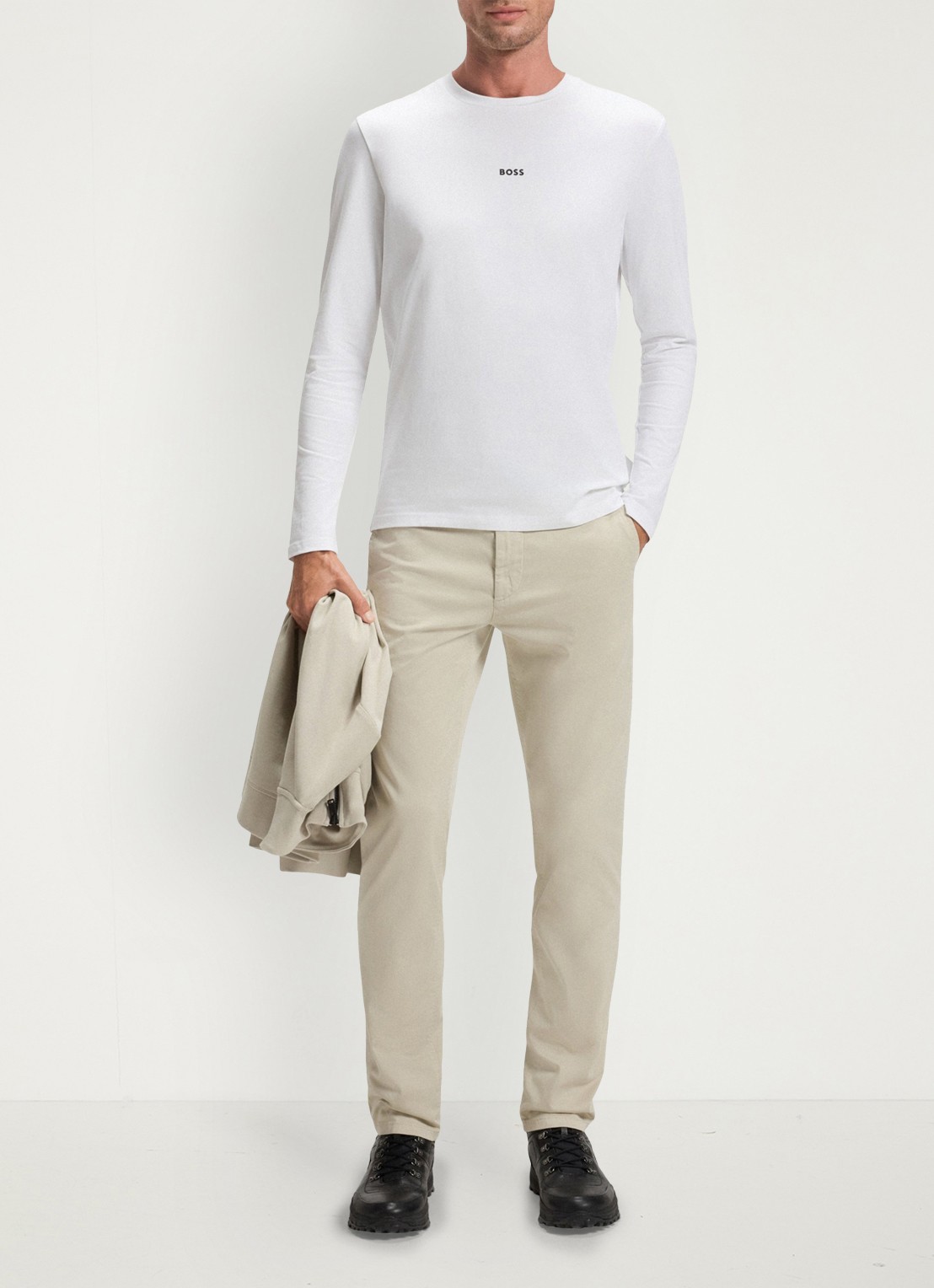 BOSS Tchark longsleeve met logoprint  - voorkant 5 white-100 / wit