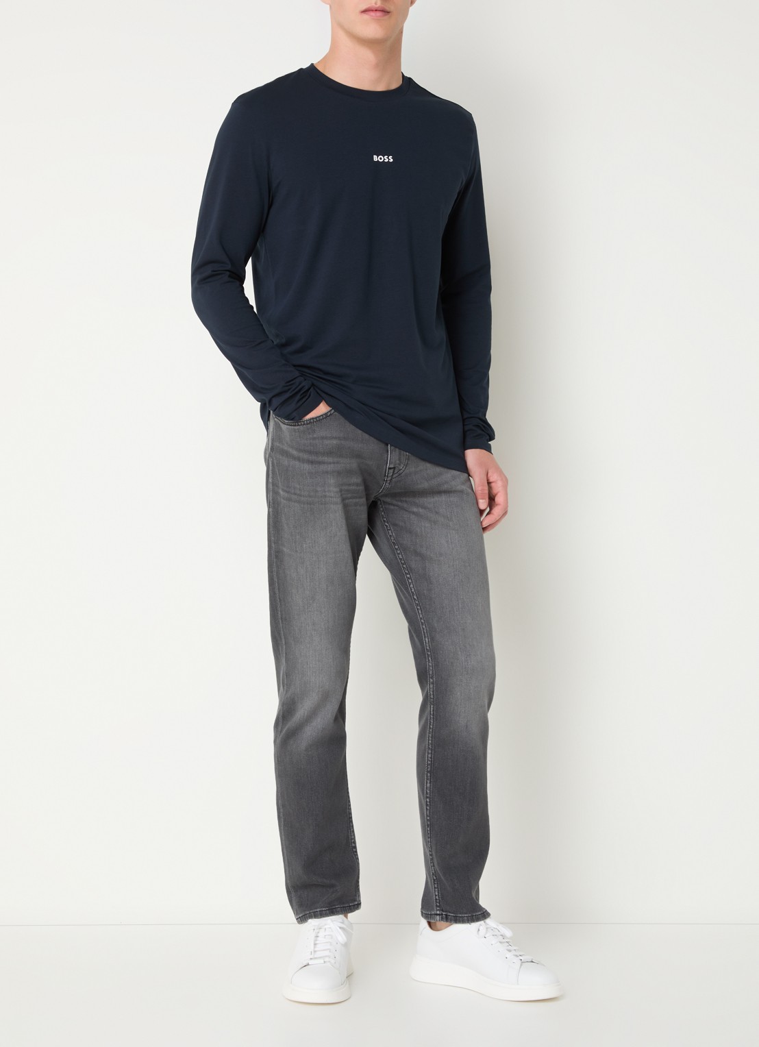 BOSS Tchark longsleeve met logoprint  - voorkant 2 donkerblauw