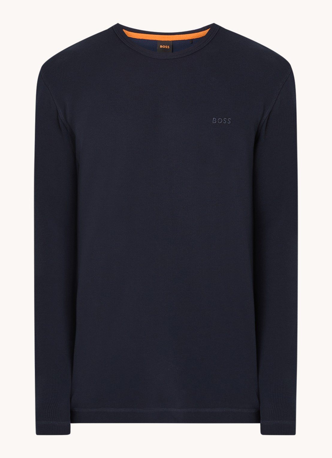 BOSS Tempesto longsleeve met structuur en logo - voorkant donkerblauw