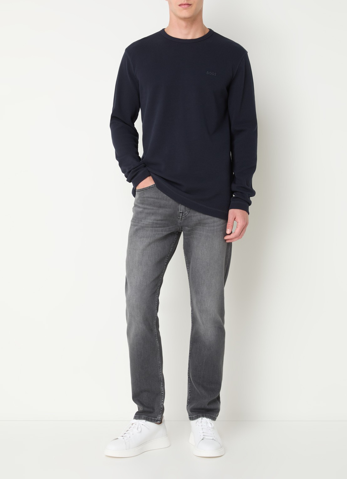 BOSS Tempesto longsleeve met structuur en logo - voorkant 2 donkerblauw