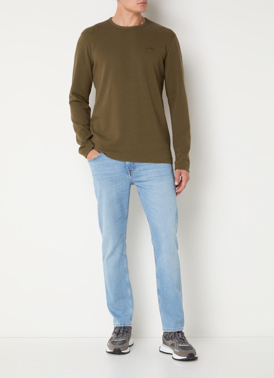 BOSS Tempesto longsleeve met structuur en logo - voorkant 3 mosgroen