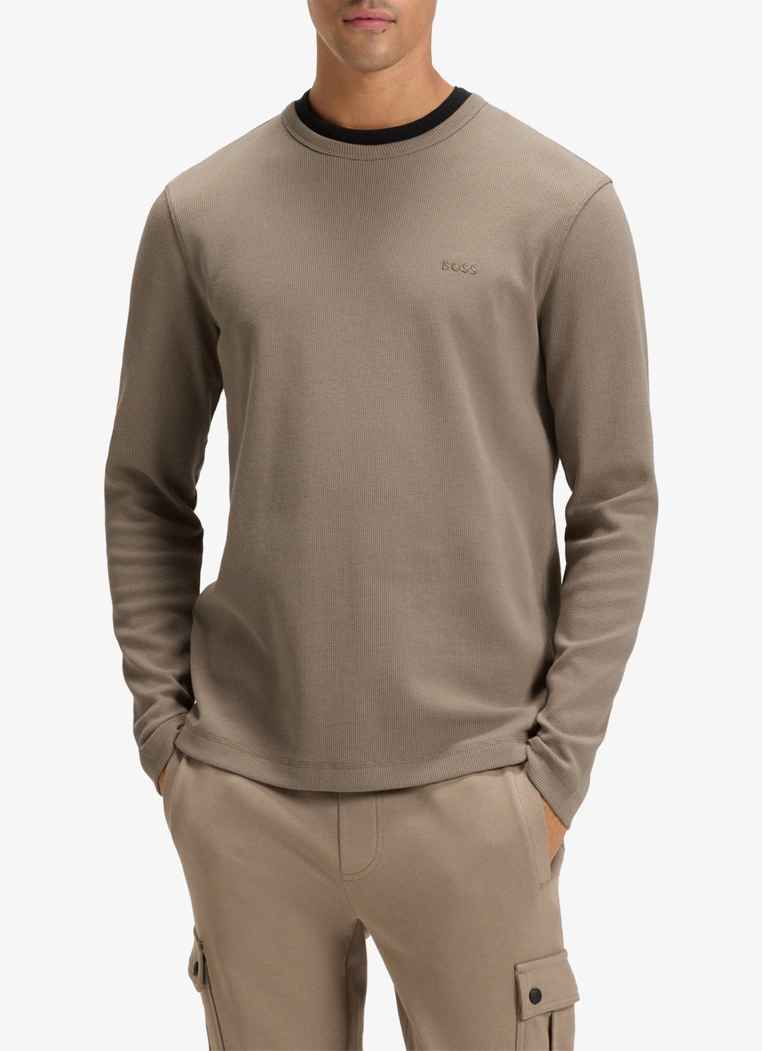 BOSS Tempesto longsleeve met structuur en logo - detail 3 khaki