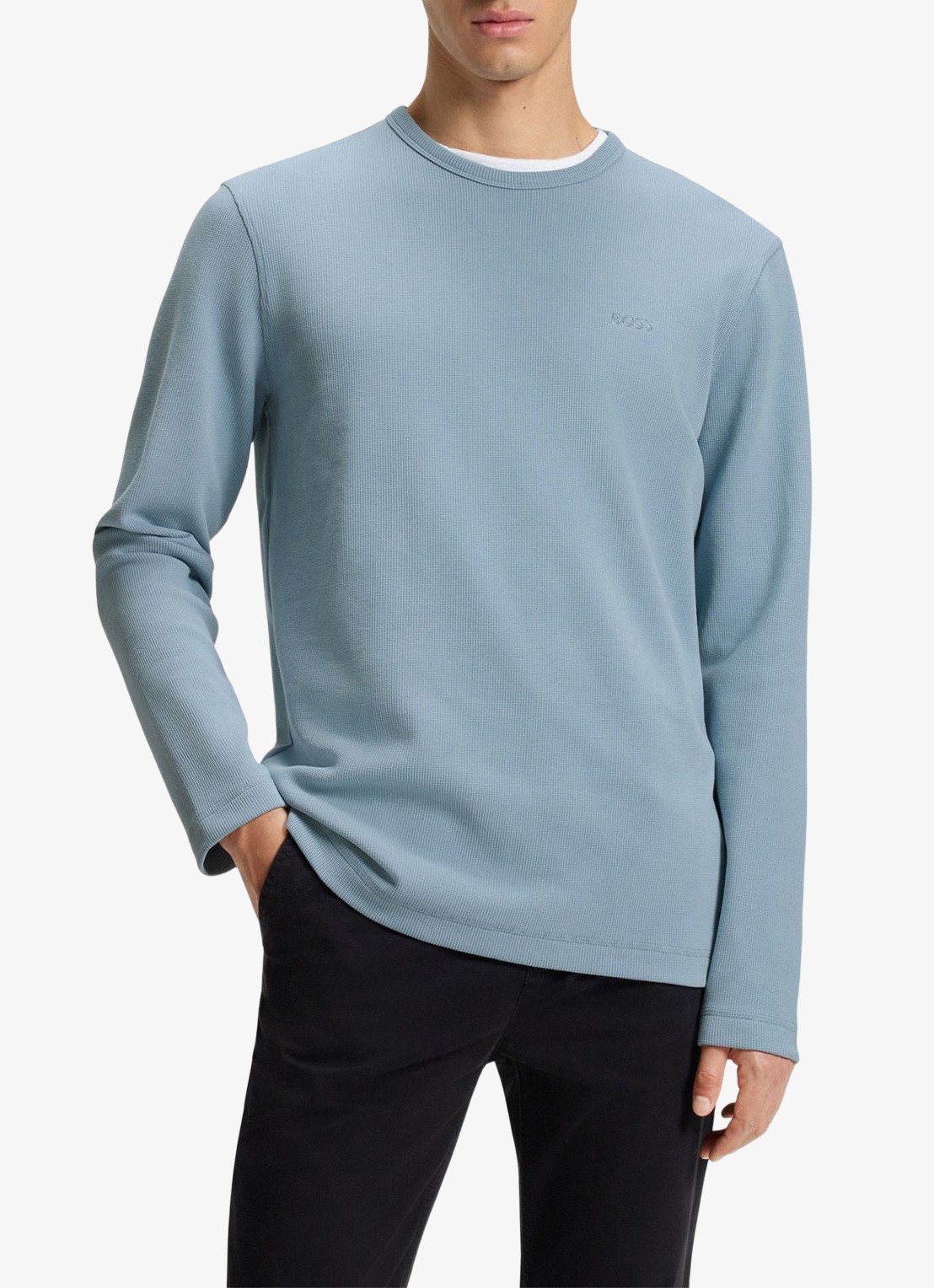 BOSS Tempesto longsleeve met structuur en logo - detail 2 lichtblauw