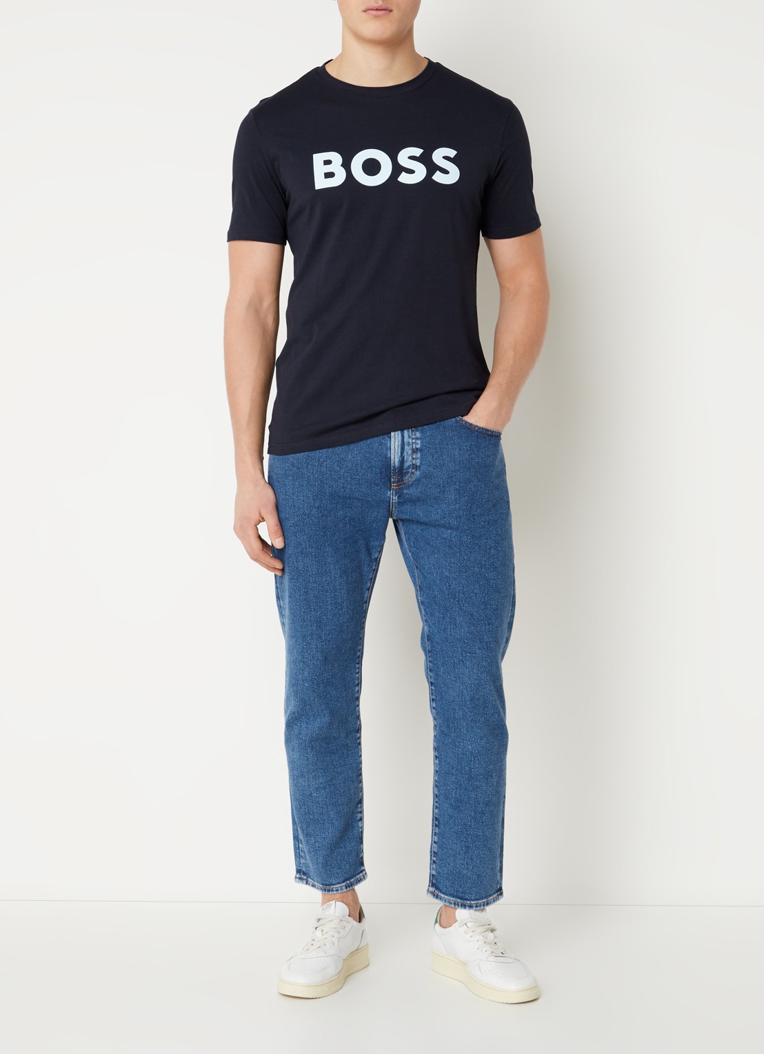 BOSS Thinking T-shirt met logoprint  - voorkant 2 donkerblauw